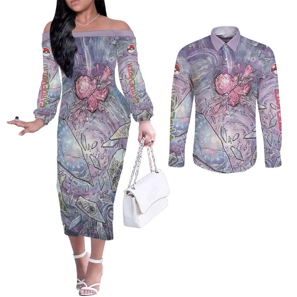 Gardevoir Couples Matching Off The Shoulder Long Sleeve Dress and Long Sleeve Button Shirt Shattered Crystal Galaxy Art