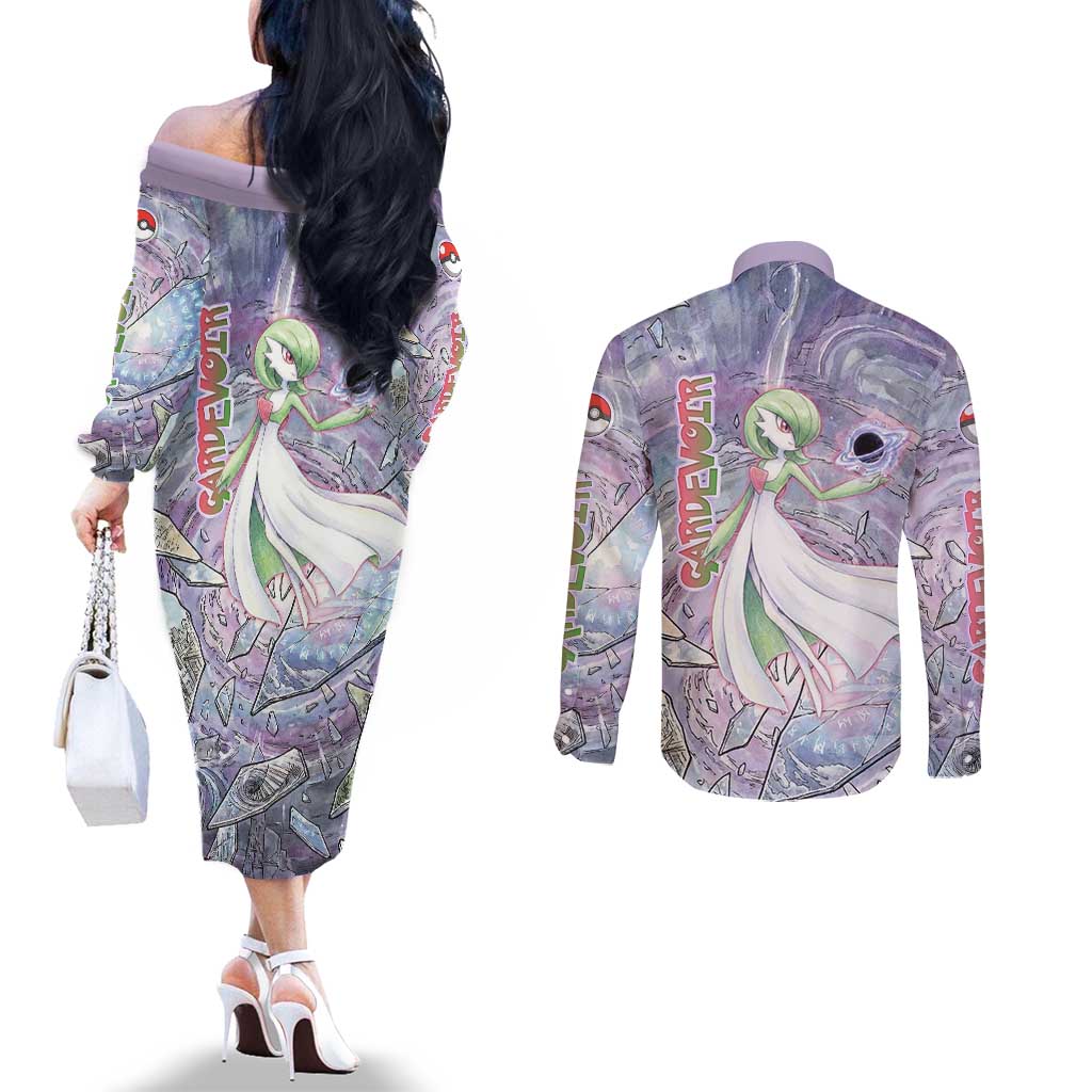 Gardevoir Couples Matching Off The Shoulder Long Sleeve Dress and Long Sleeve Button Shirt Shattered Crystal Galaxy Art