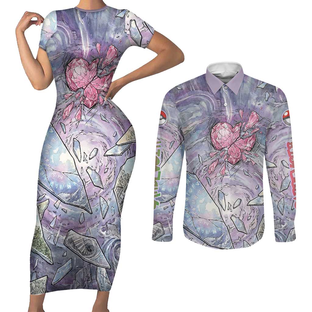 Gardevoir Couples Matching Short Sleeve Bodycon Dress and Long Sleeve Button Shirt Shattered Crystal Galaxy Art