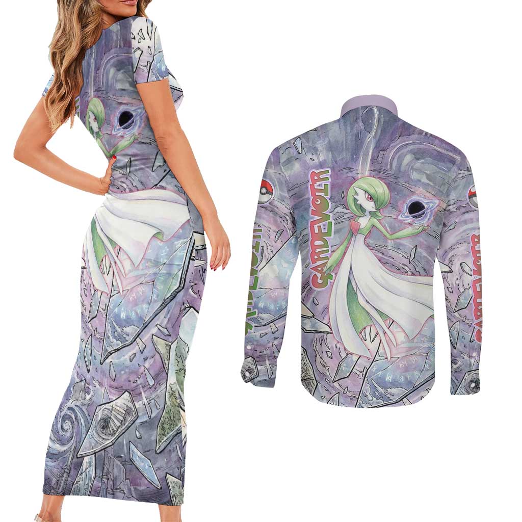 Gardevoir Couples Matching Short Sleeve Bodycon Dress and Long Sleeve Button Shirt Shattered Crystal Galaxy Art