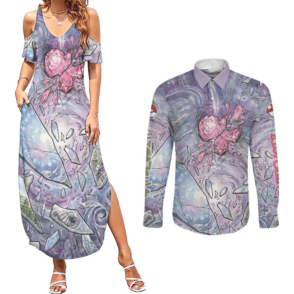 Gardevoir Couples Matching Summer Maxi Dress and Long Sleeve Button Shirt Shattered Crystal Galaxy Art
