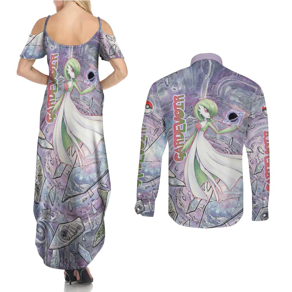 Gardevoir Couples Matching Summer Maxi Dress and Long Sleeve Button Shirt Shattered Crystal Galaxy Art