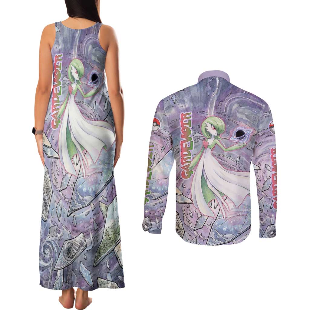 Gardevoir Couples Matching Tank Maxi Dress and Long Sleeve Button Shirt Shattered Crystal Galaxy Art