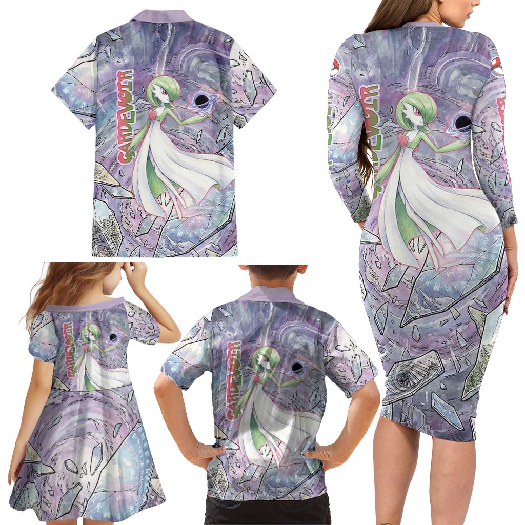 Gardevoir Family Matching Long Sleeve Bodycon Dress and Hawaiian Shirt Shattered Crystal Galaxy Art