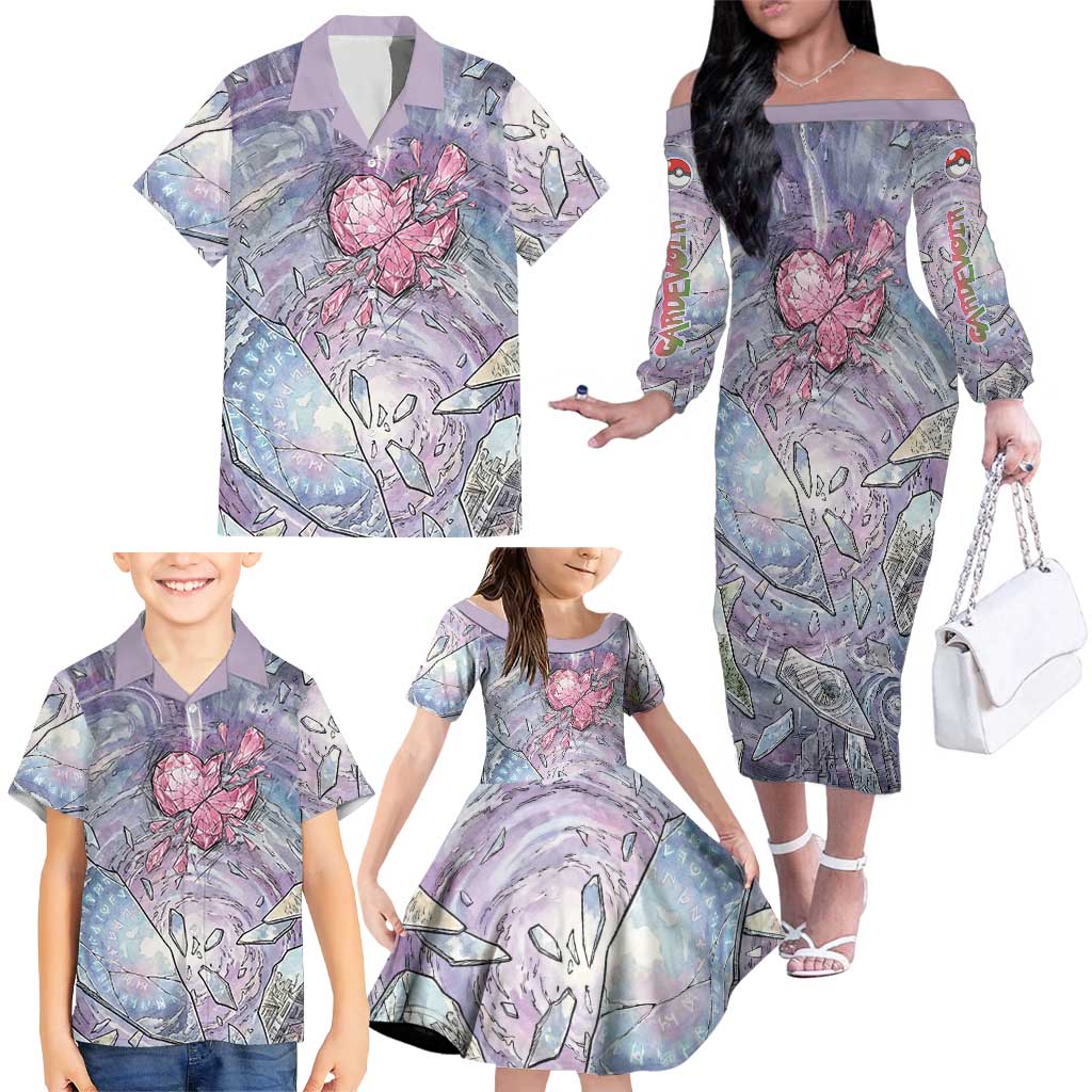 Gardevoir Family Matching Off The Shoulder Long Sleeve Dress and Hawaiian Shirt Shattered Crystal Galaxy Art