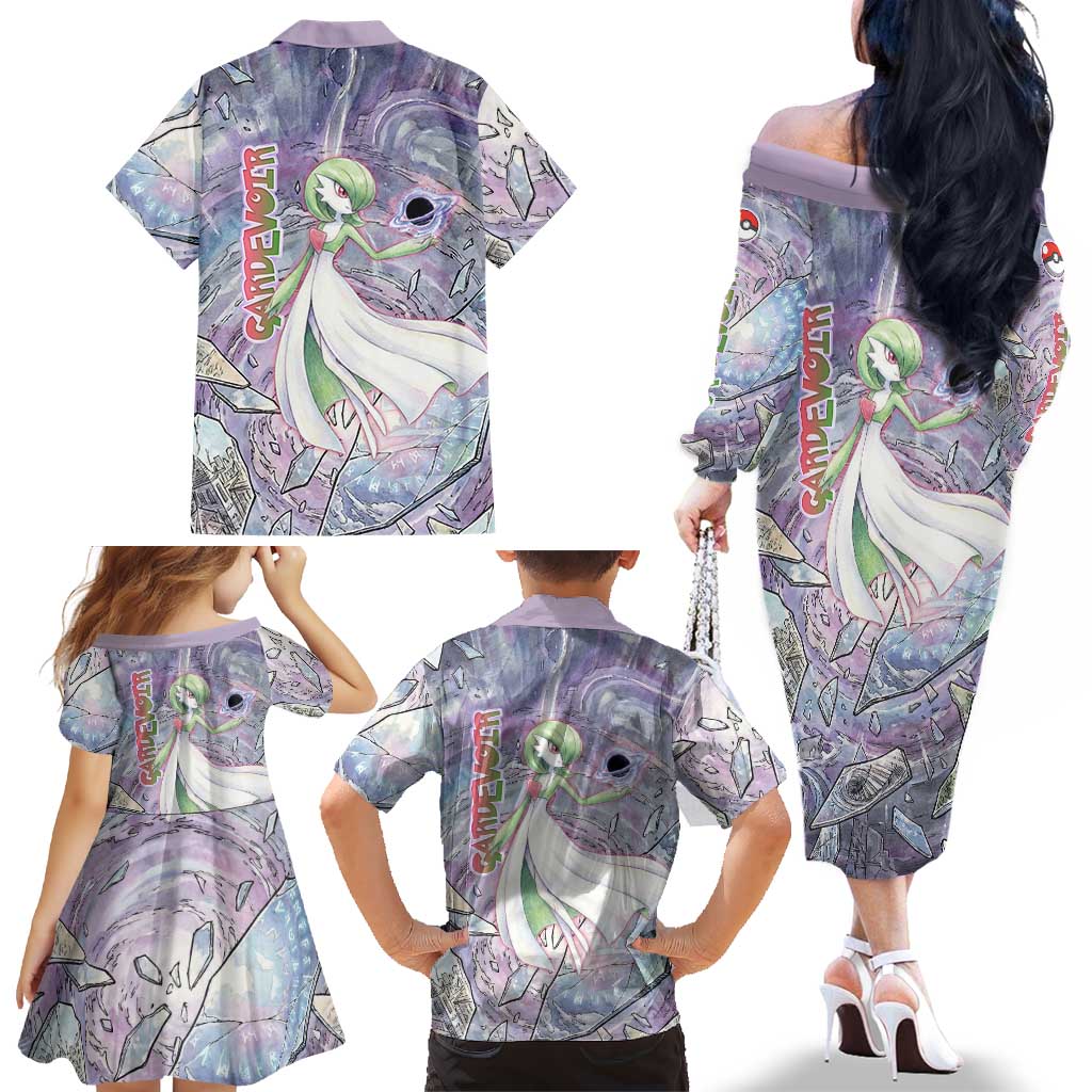 Gardevoir Family Matching Off The Shoulder Long Sleeve Dress and Hawaiian Shirt Shattered Crystal Galaxy Art