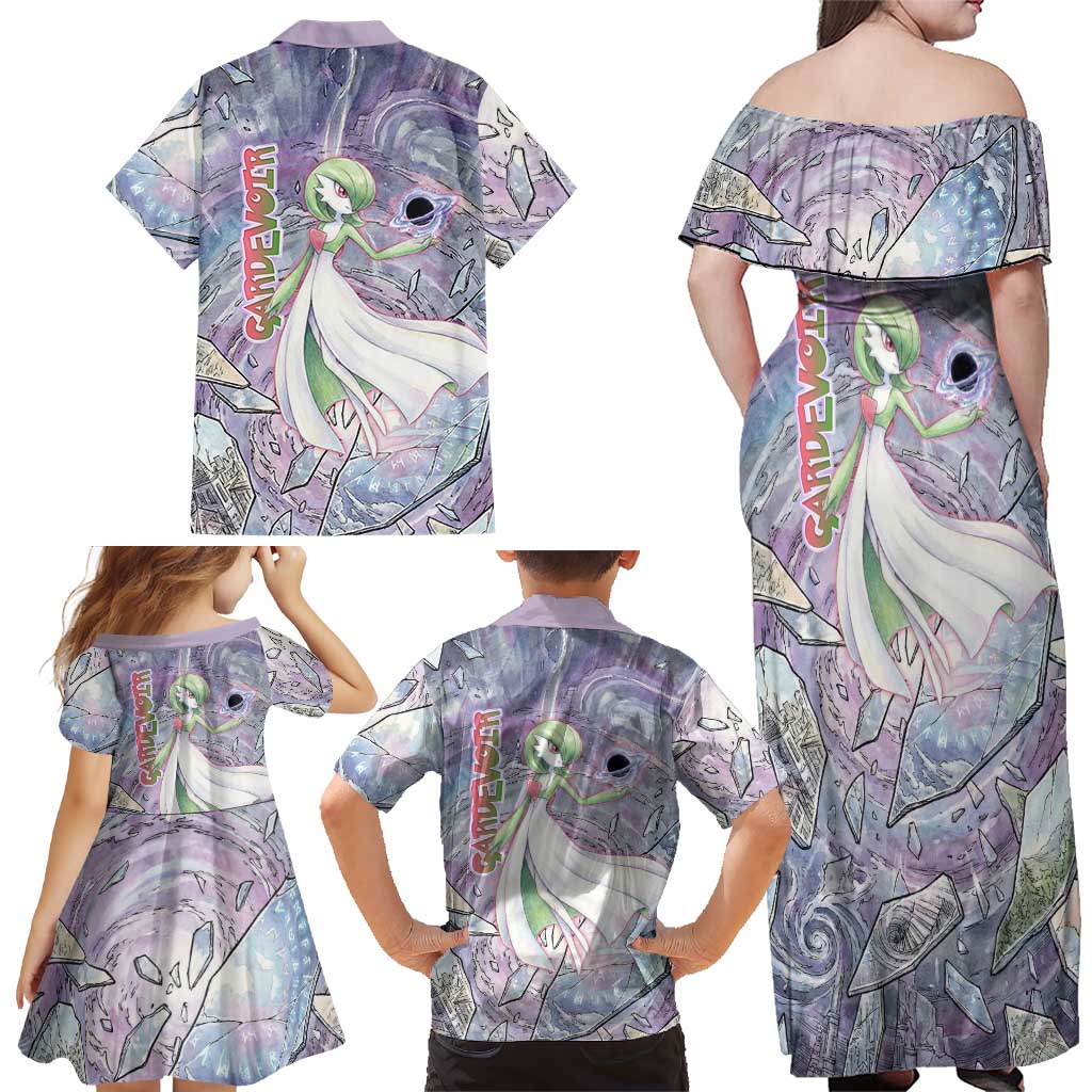 Gardevoir Family Matching Off Shoulder Maxi Dress and Hawaiian Shirt Shattered Crystal Galaxy Art