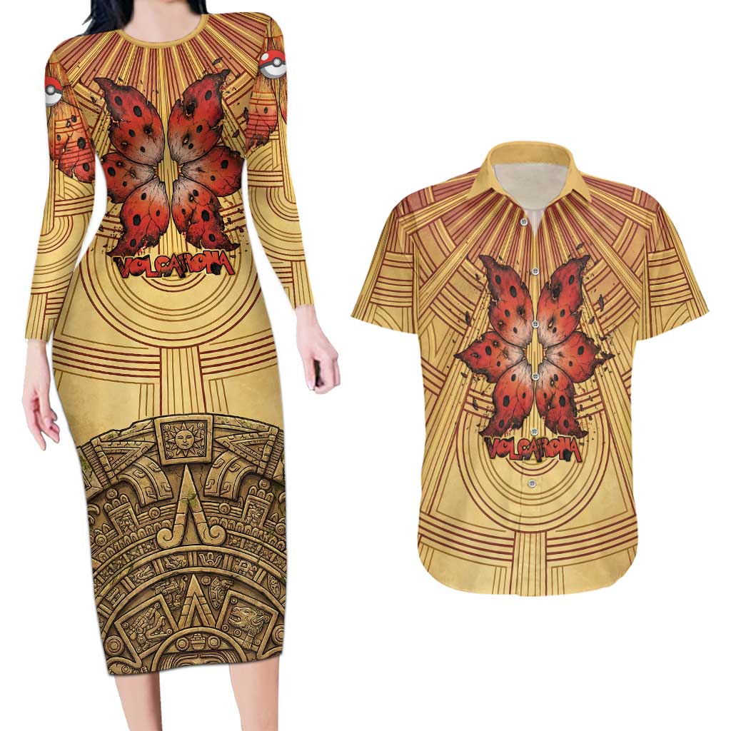 Volcarona Couples Matching Long Sleeve Bodycon Dress and Hawaiian Shirt Aztec Sun God Tapestry Art