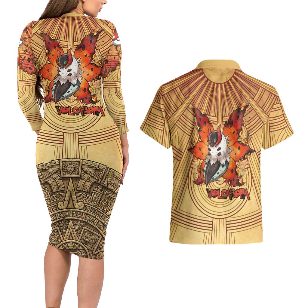 Volcarona Couples Matching Long Sleeve Bodycon Dress and Hawaiian Shirt Aztec Sun God Tapestry Art