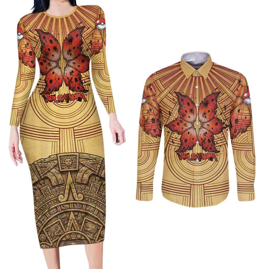 Volcarona Couples Matching Long Sleeve Bodycon Dress and Long Sleeve Button Shirt Aztec Sun God Tapestry Art