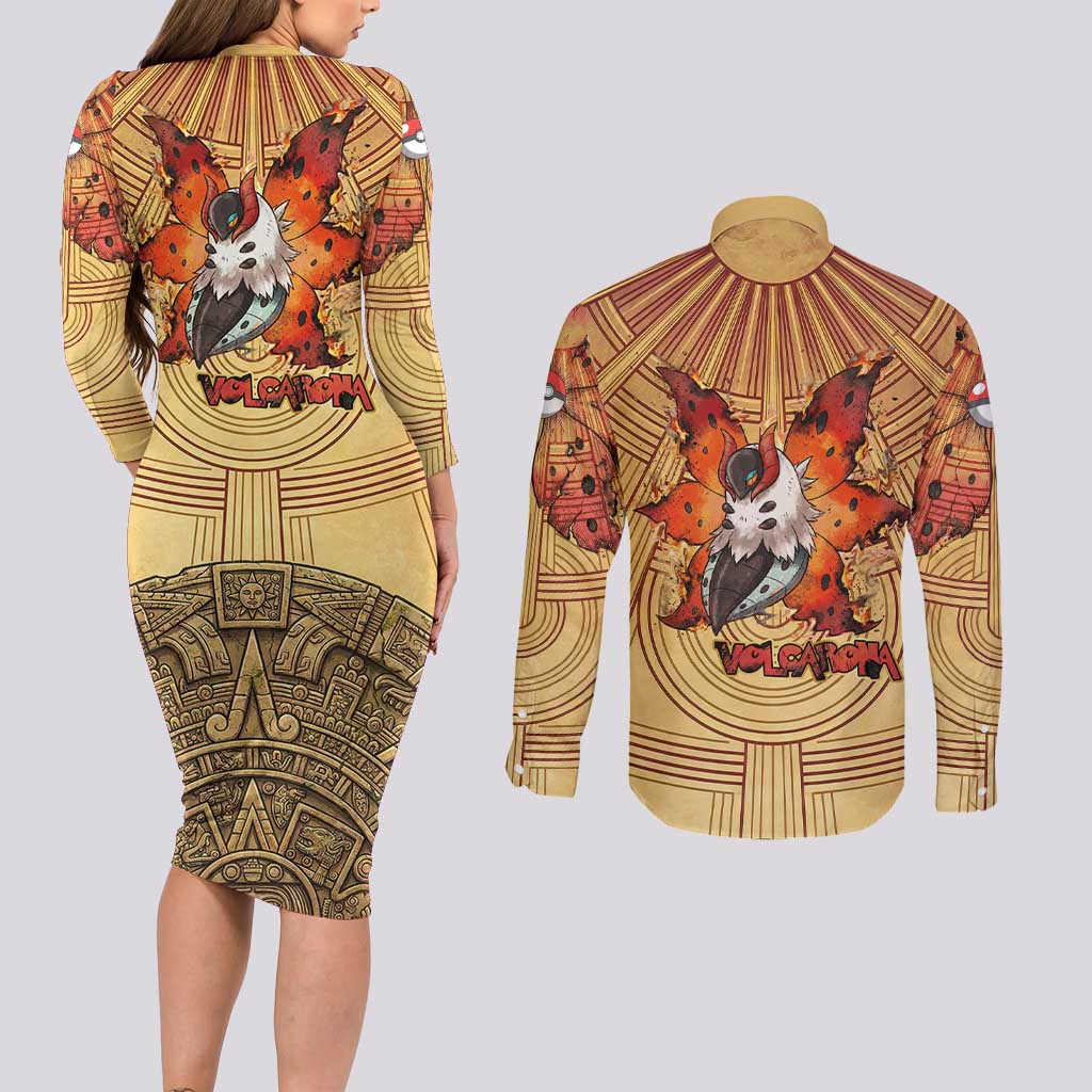 Volcarona Couples Matching Long Sleeve Bodycon Dress and Long Sleeve Button Shirt Aztec Sun God Tapestry Art