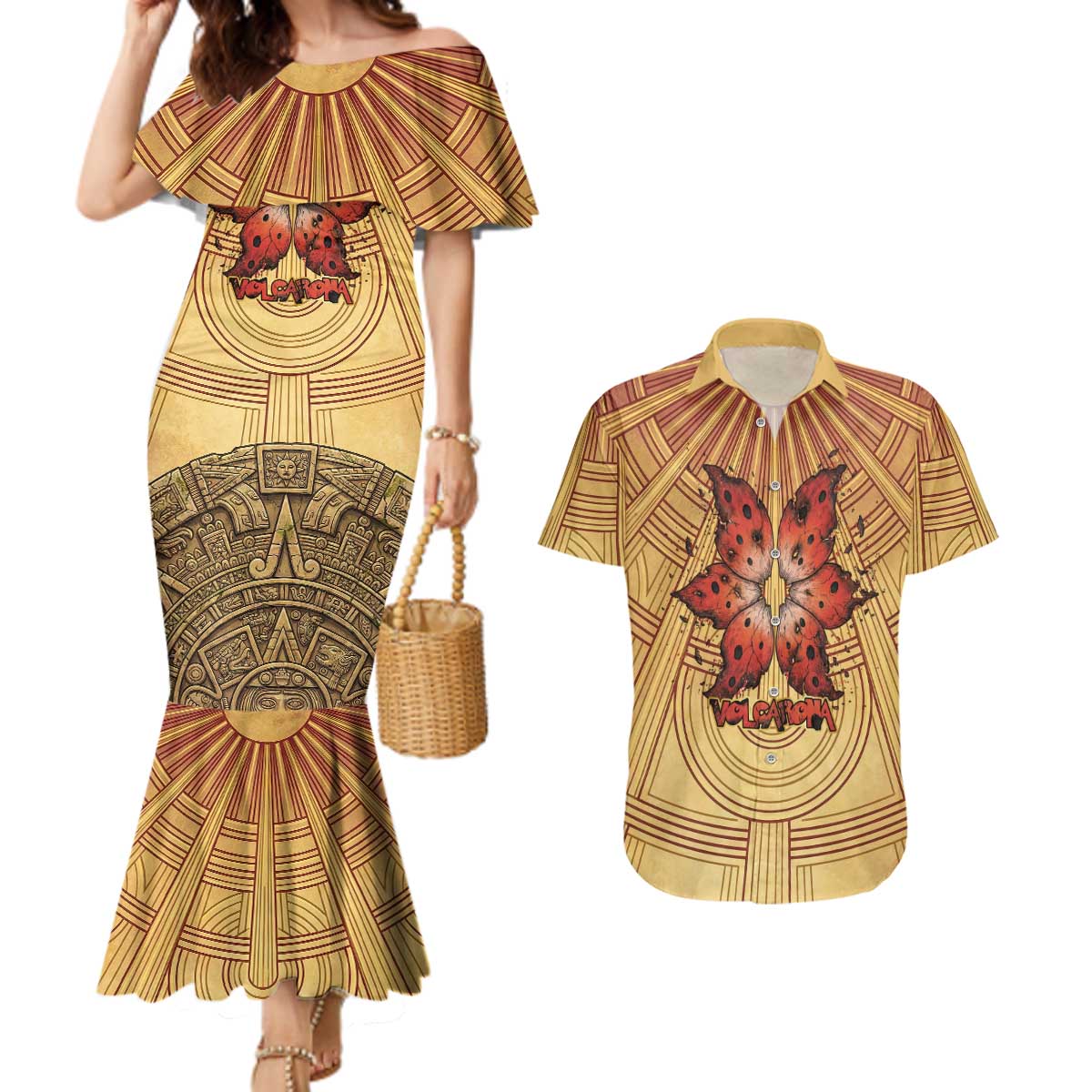 Volcarona Couples Matching Mermaid Dress and Hawaiian Shirt Aztec Sun God Tapestry Art