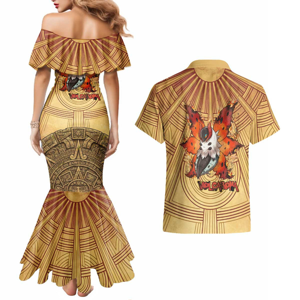 Volcarona Couples Matching Mermaid Dress and Hawaiian Shirt Aztec Sun God Tapestry Art