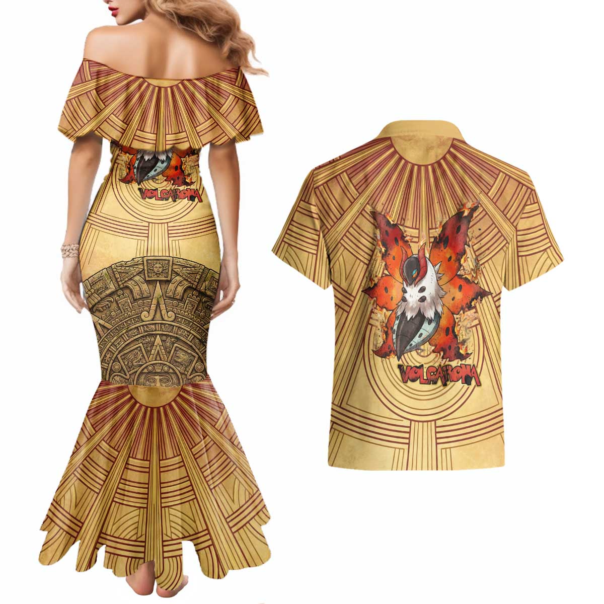 Volcarona Couples Matching Mermaid Dress and Hawaiian Shirt Aztec Sun God Tapestry Art