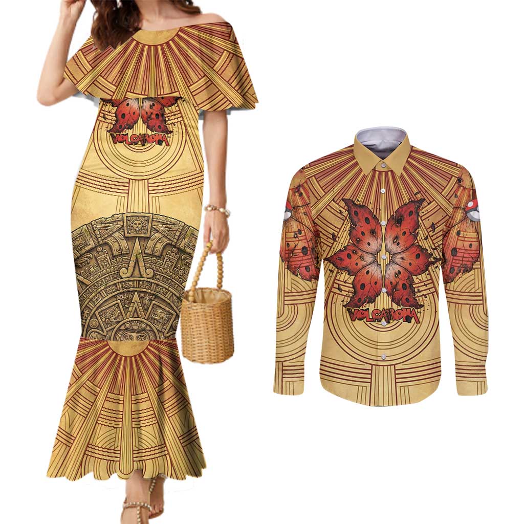 Volcarona Couples Matching Mermaid Dress and Long Sleeve Button Shirt Aztec Sun God Tapestry Art