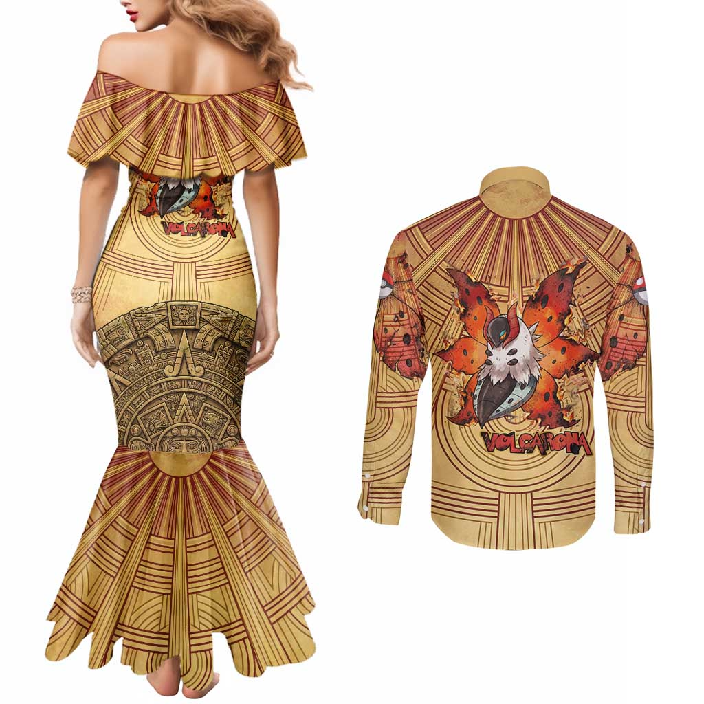 Volcarona Couples Matching Mermaid Dress and Long Sleeve Button Shirt Aztec Sun God Tapestry Art