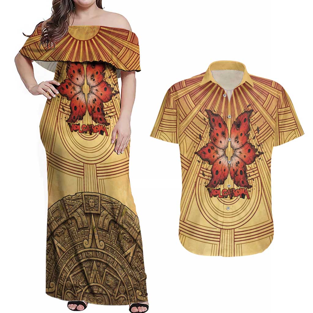 Volcarona Couples Matching Off Shoulder Maxi Dress and Hawaiian Shirt Aztec Sun God Tapestry Art
