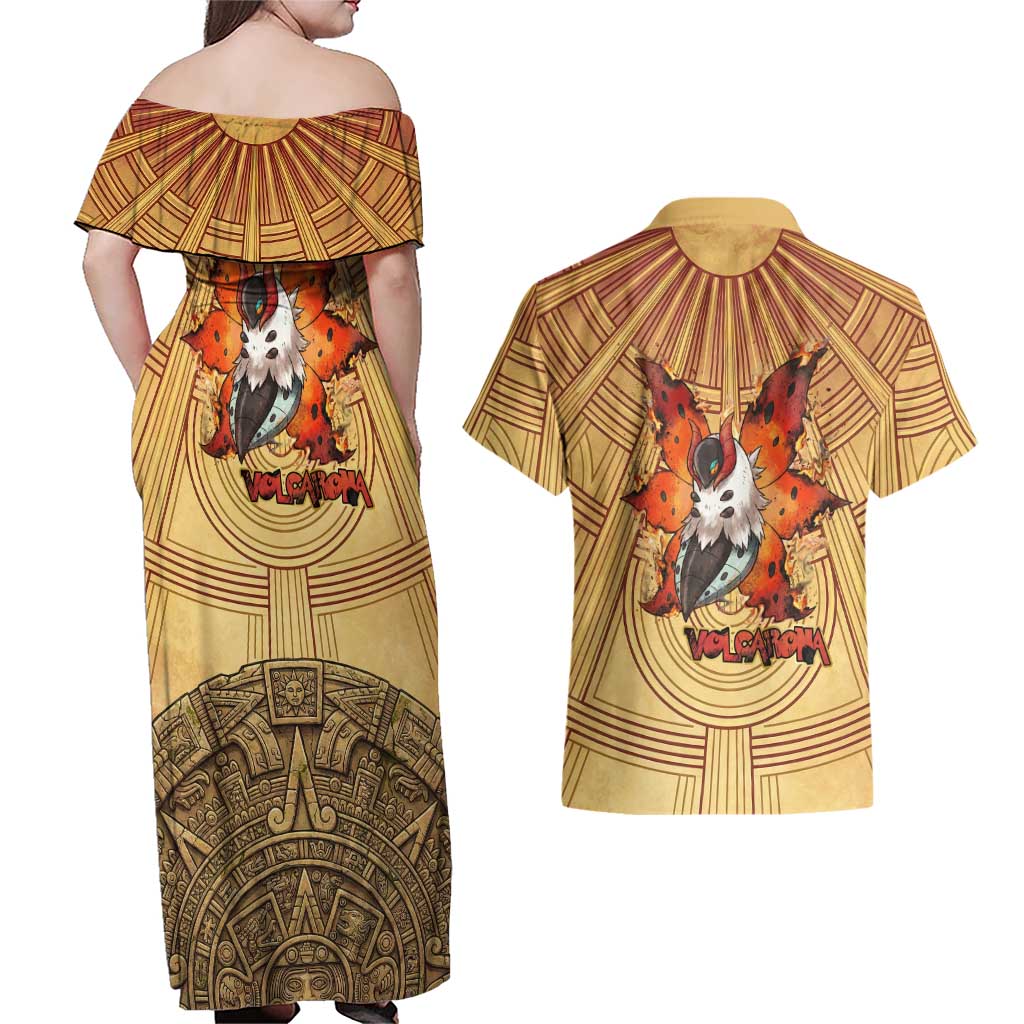 Volcarona Couples Matching Off Shoulder Maxi Dress and Hawaiian Shirt Aztec Sun God Tapestry Art