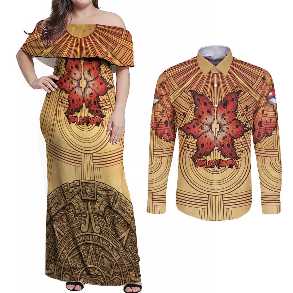 Volcarona Couples Matching Off Shoulder Maxi Dress and Long Sleeve Button Shirt Aztec Sun God Tapestry Art