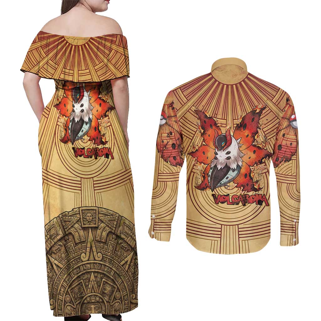 Volcarona Couples Matching Off Shoulder Maxi Dress and Long Sleeve Button Shirt Aztec Sun God Tapestry Art