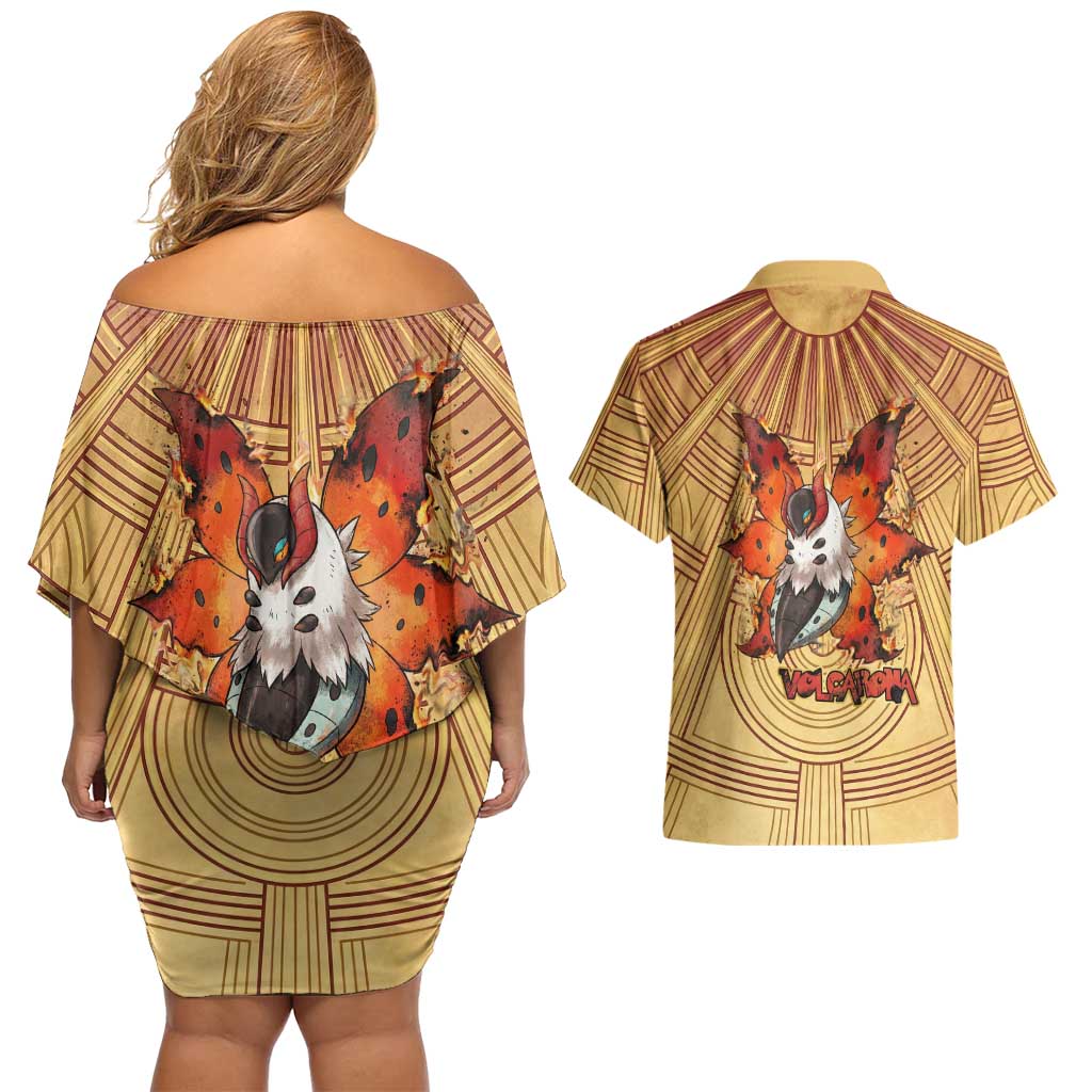Volcarona Couples Matching Off Shoulder Short Dress and Hawaiian Shirt Aztec Sun God Tapestry Art