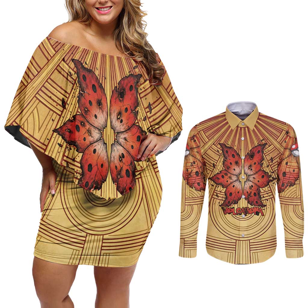 Volcarona Couples Matching Off Shoulder Short Dress and Long Sleeve Button Shirt Aztec Sun God Tapestry Art