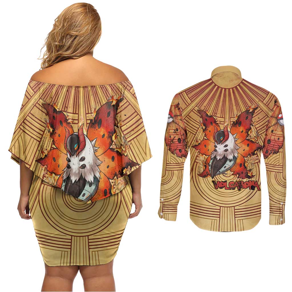 Volcarona Couples Matching Off Shoulder Short Dress and Long Sleeve Button Shirt Aztec Sun God Tapestry Art