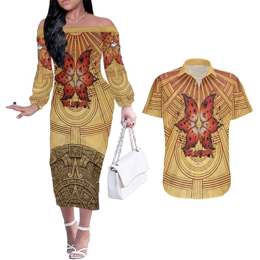 Volcarona Couples Matching Off The Shoulder Long Sleeve Dress and Hawaiian Shirt Aztec Sun God Tapestry Art