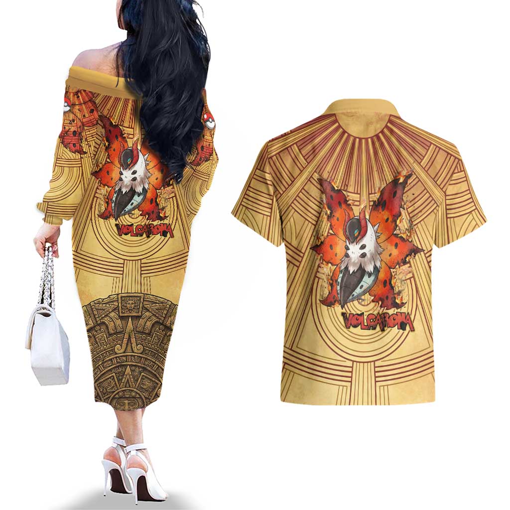 Volcarona Couples Matching Off The Shoulder Long Sleeve Dress and Hawaiian Shirt Aztec Sun God Tapestry Art