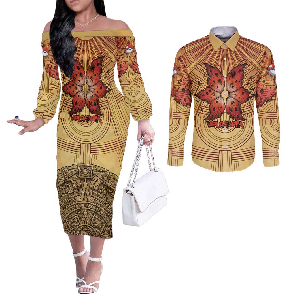 Volcarona Couples Matching Off The Shoulder Long Sleeve Dress and Long Sleeve Button Shirt Aztec Sun God Tapestry Art