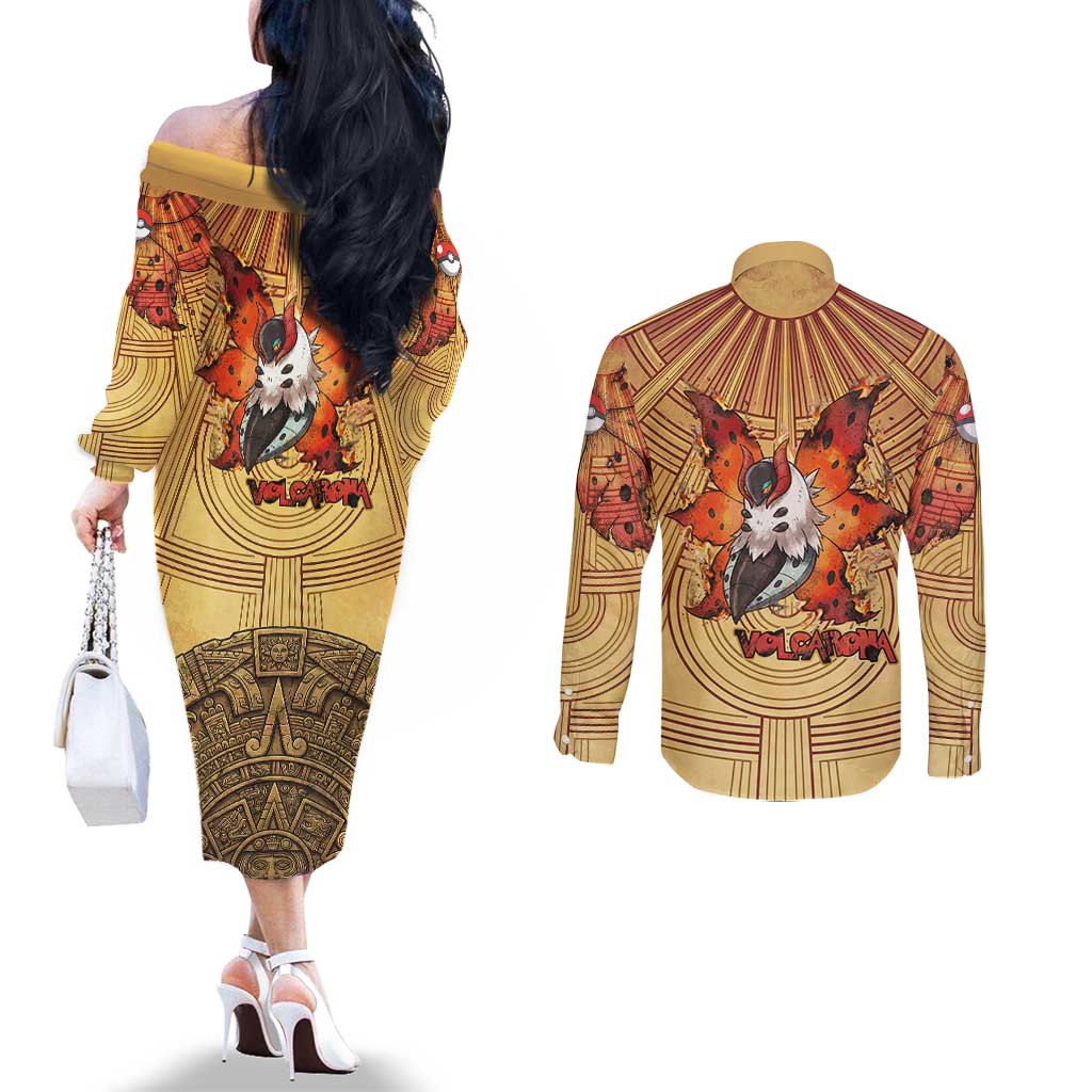 Volcarona Couples Matching Off The Shoulder Long Sleeve Dress and Long Sleeve Button Shirt Aztec Sun God Tapestry Art