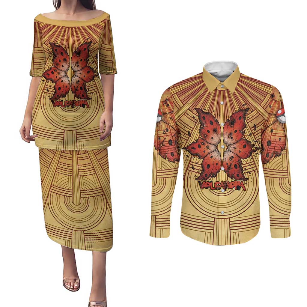 Volcarona Couples Matching Puletasi and Long Sleeve Button Shirt Aztec Sun God Tapestry Art