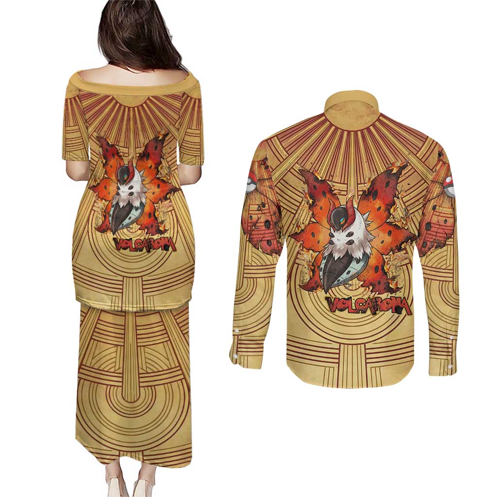 Volcarona Couples Matching Puletasi and Long Sleeve Button Shirt Aztec Sun God Tapestry Art