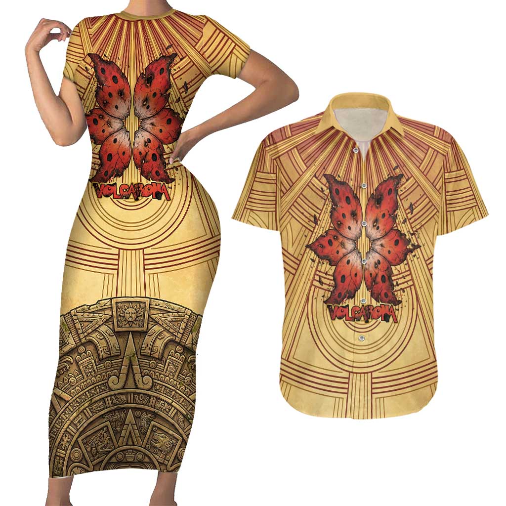 Volcarona Couples Matching Short Sleeve Bodycon Dress and Hawaiian Shirt Aztec Sun God Tapestry Art