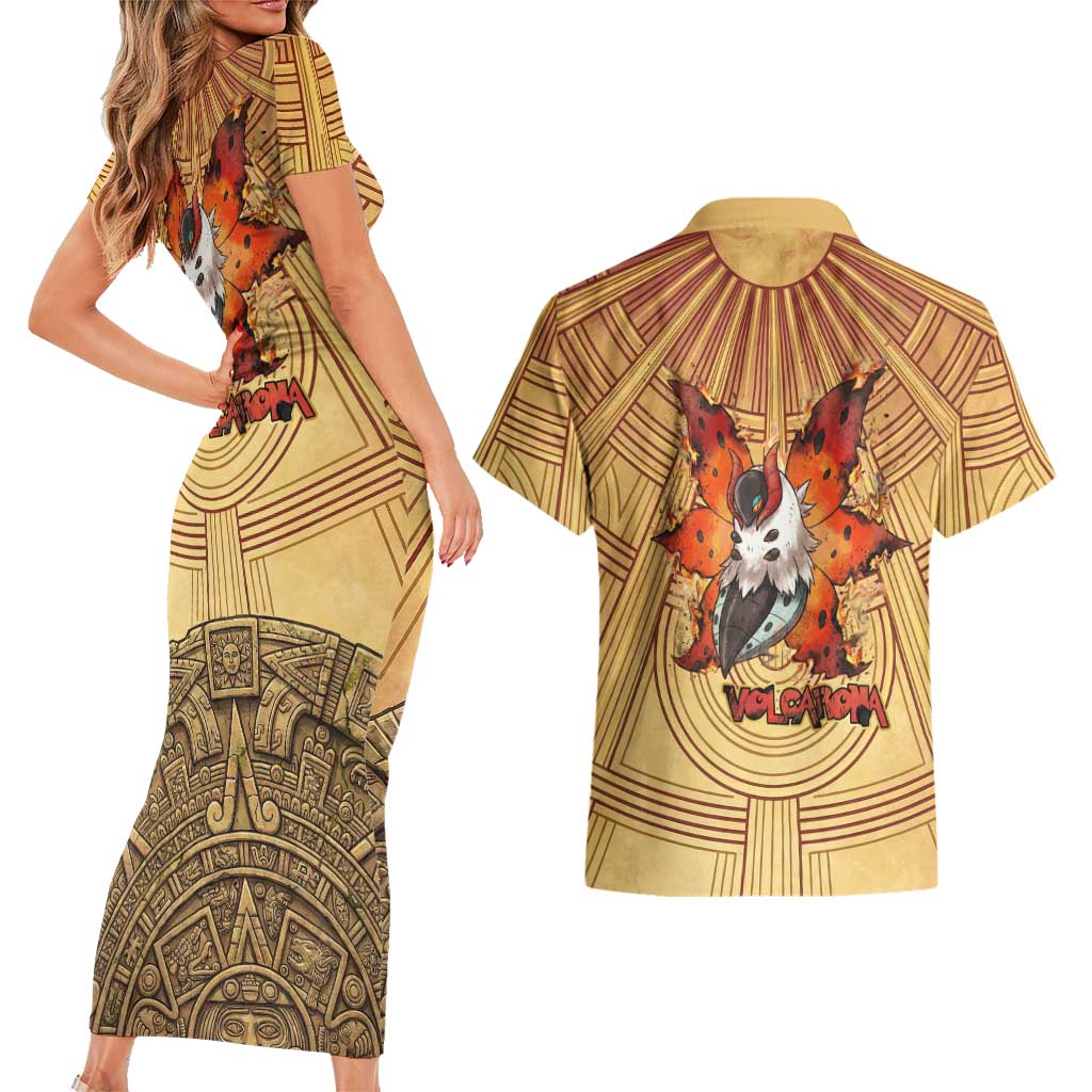 Volcarona Couples Matching Short Sleeve Bodycon Dress and Hawaiian Shirt Aztec Sun God Tapestry Art