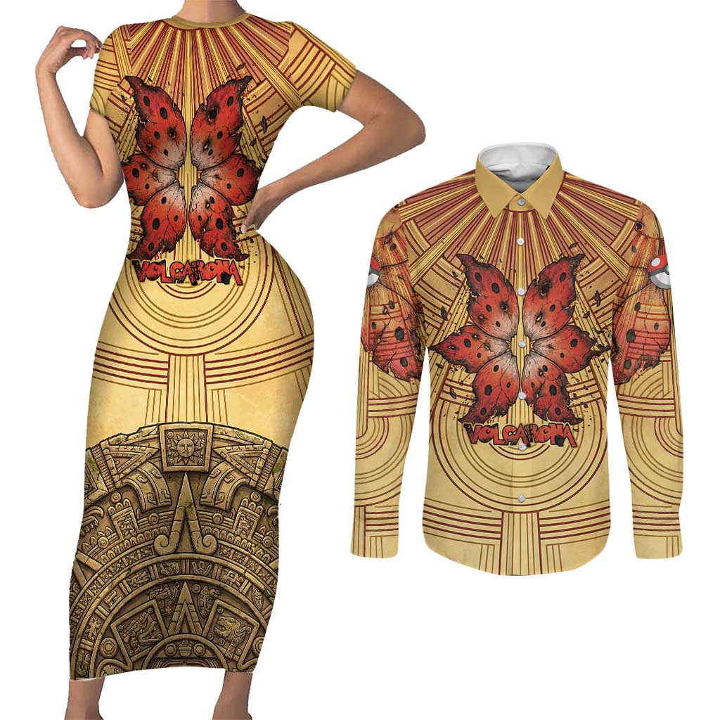 Volcarona Couples Matching Short Sleeve Bodycon Dress and Long Sleeve Button Shirt Aztec Sun God Tapestry Art