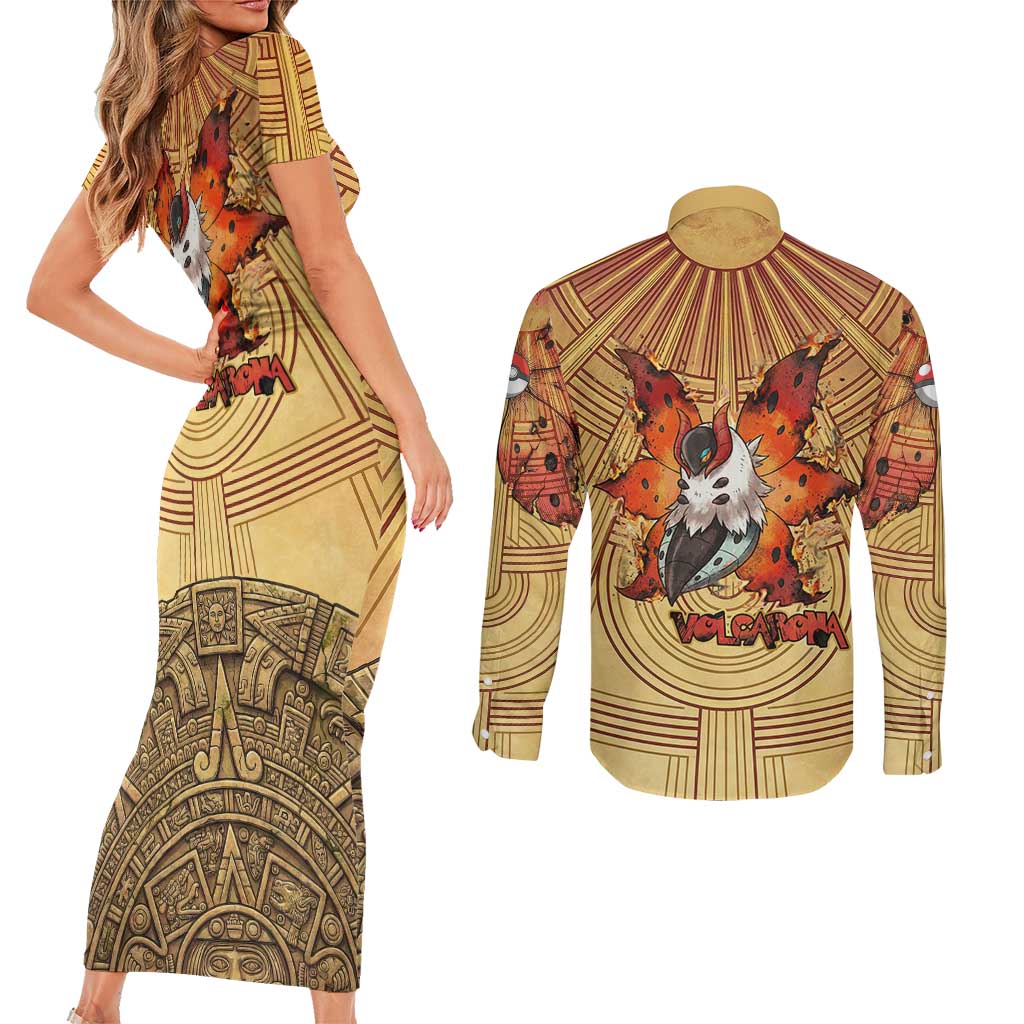 Volcarona Couples Matching Short Sleeve Bodycon Dress and Long Sleeve Button Shirt Aztec Sun God Tapestry Art