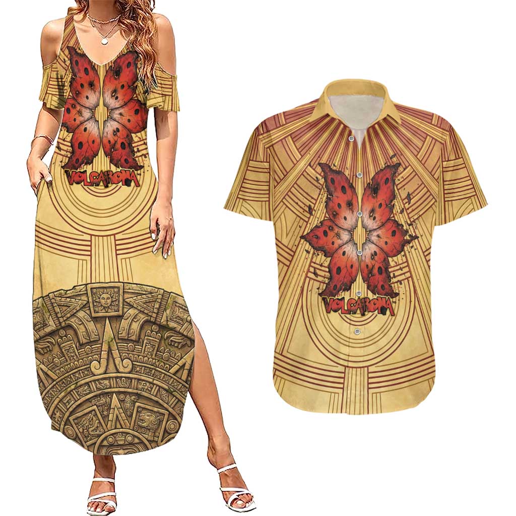 Volcarona Couples Matching Summer Maxi Dress and Hawaiian Shirt Aztec Sun God Tapestry Art