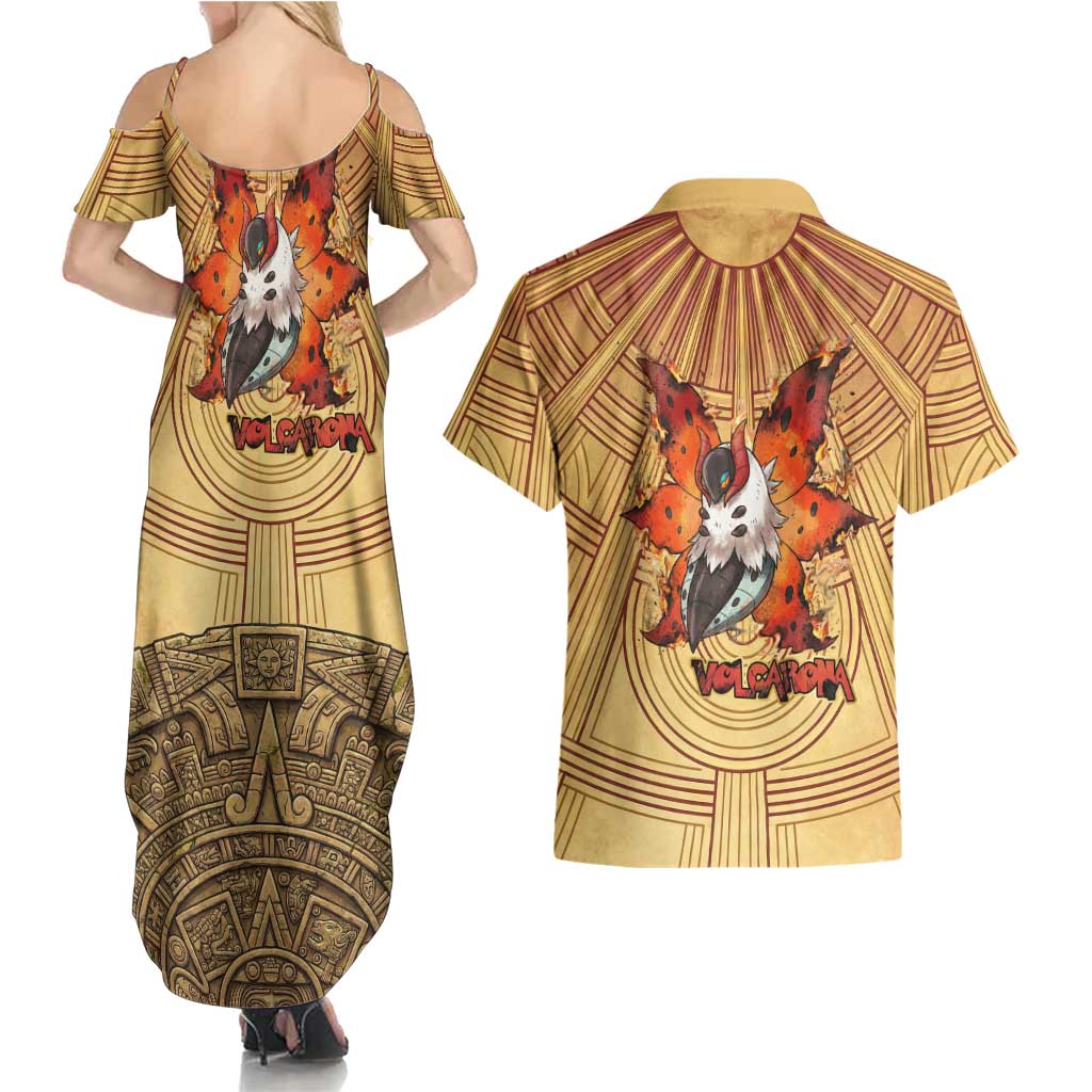 Volcarona Couples Matching Summer Maxi Dress and Hawaiian Shirt Aztec Sun God Tapestry Art