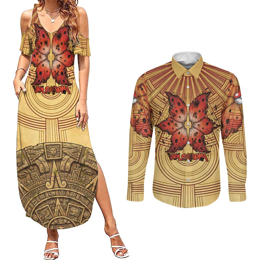 Volcarona Couples Matching Summer Maxi Dress and Long Sleeve Button Shirt Aztec Sun God Tapestry Art
