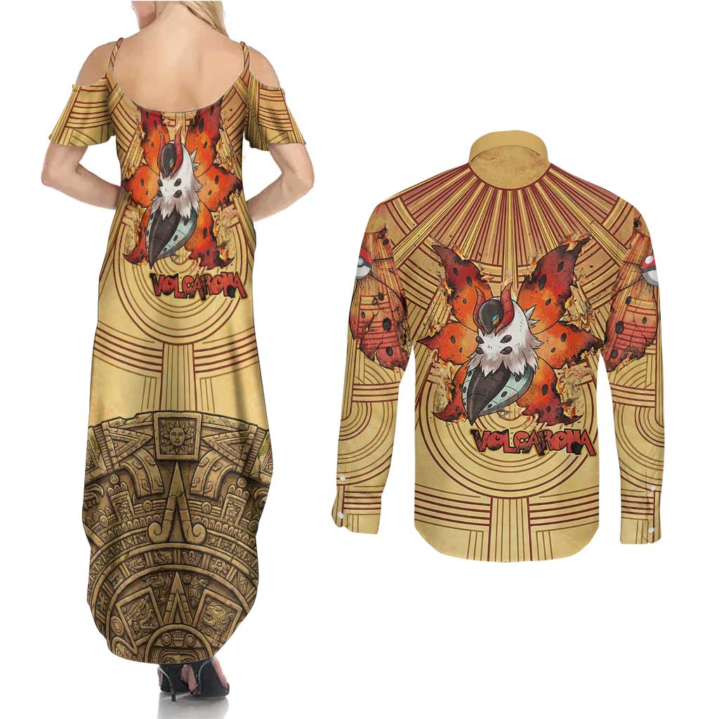 Volcarona Couples Matching Summer Maxi Dress and Long Sleeve Button Shirt Aztec Sun God Tapestry Art