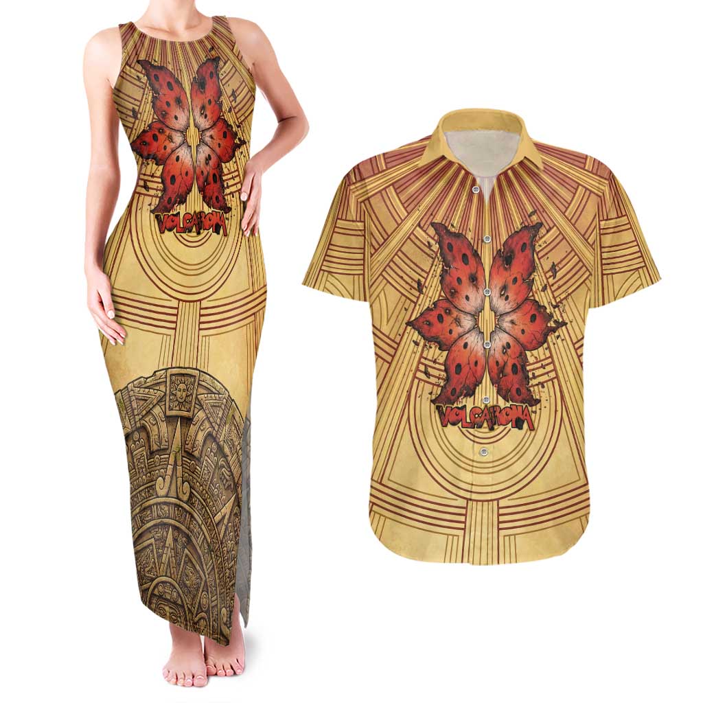 Volcarona Couples Matching Tank Maxi Dress and Hawaiian Shirt Aztec Sun God Tapestry Art