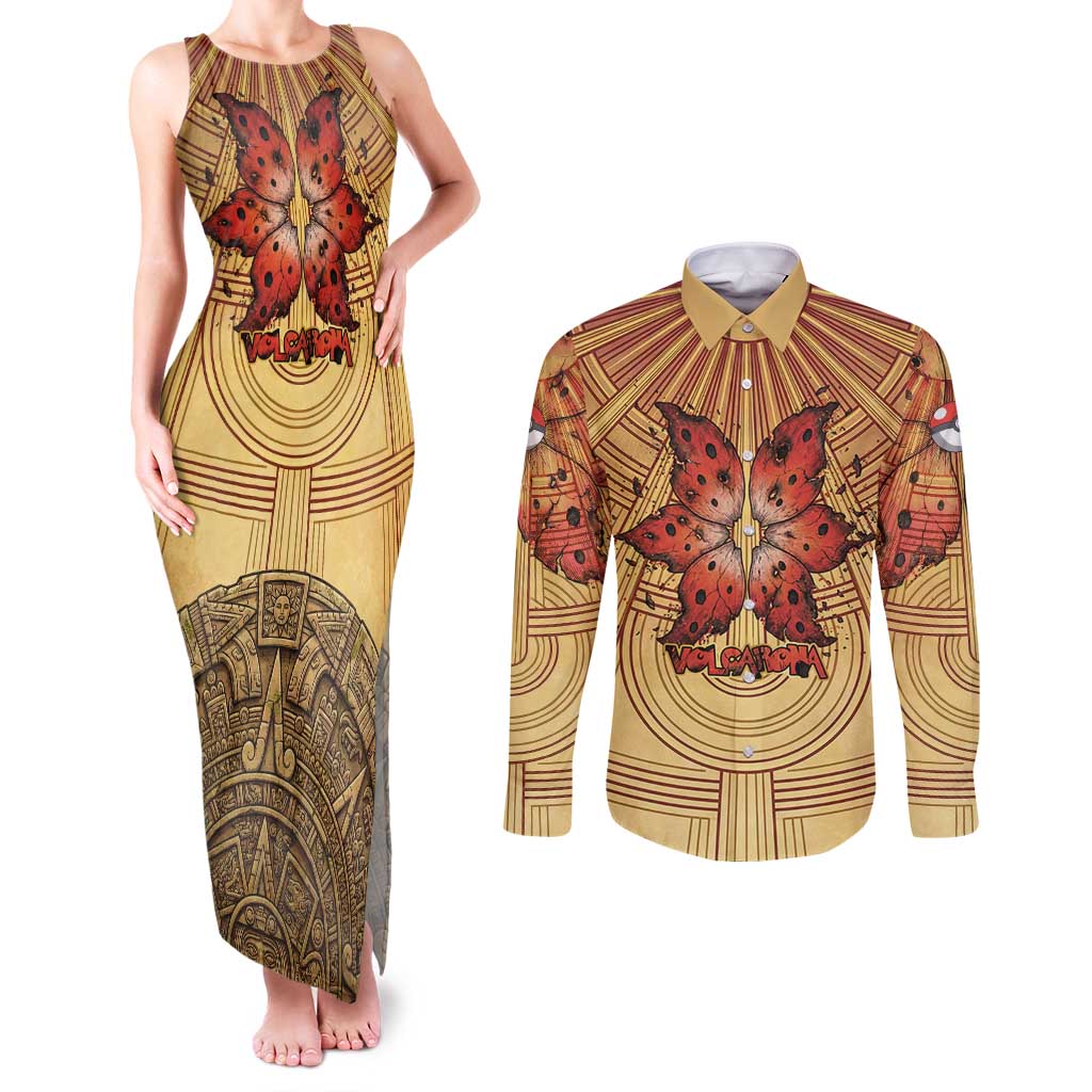 Volcarona Couples Matching Tank Maxi Dress and Long Sleeve Button Shirt Aztec Sun God Tapestry Art