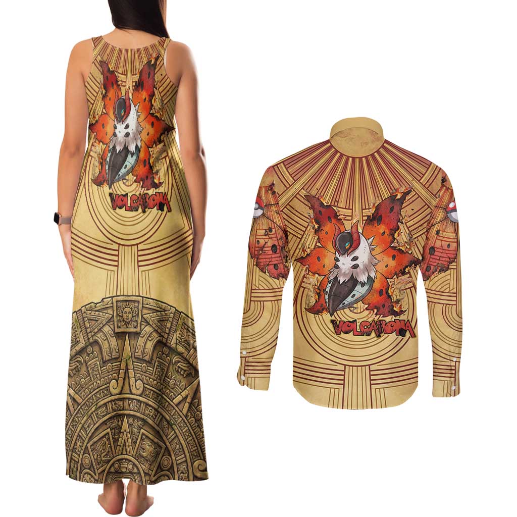 Volcarona Couples Matching Tank Maxi Dress and Long Sleeve Button Shirt Aztec Sun God Tapestry Art