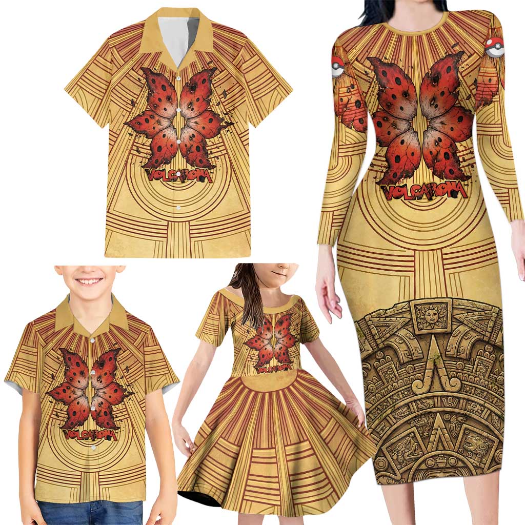Volcarona Family Matching Long Sleeve Bodycon Dress and Hawaiian Shirt Aztec Sun God Tapestry Art