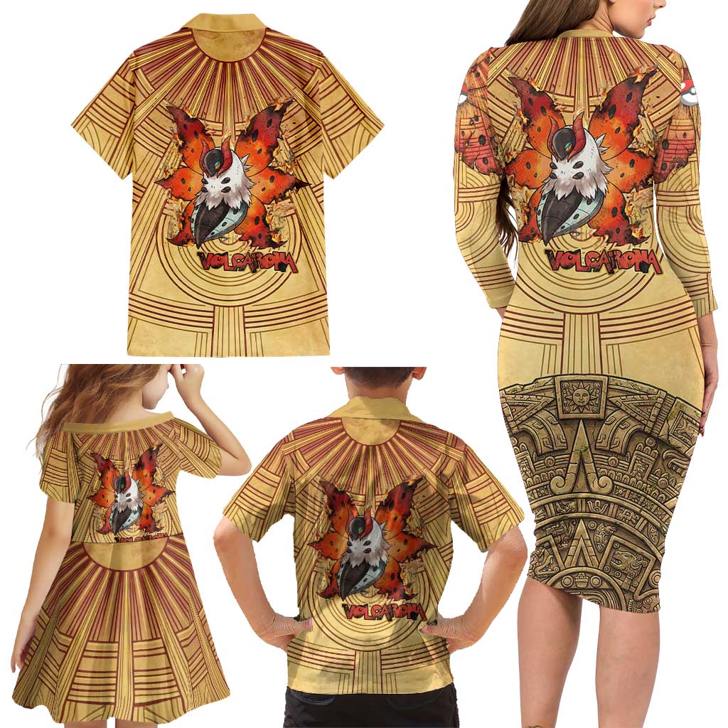 Volcarona Family Matching Long Sleeve Bodycon Dress and Hawaiian Shirt Aztec Sun God Tapestry Art