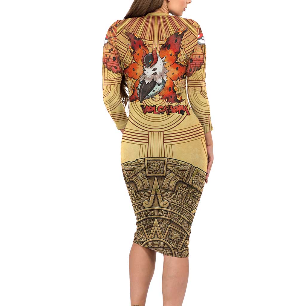 Volcarona Family Matching Long Sleeve Bodycon Dress and Hawaiian Shirt Aztec Sun God Tapestry Art