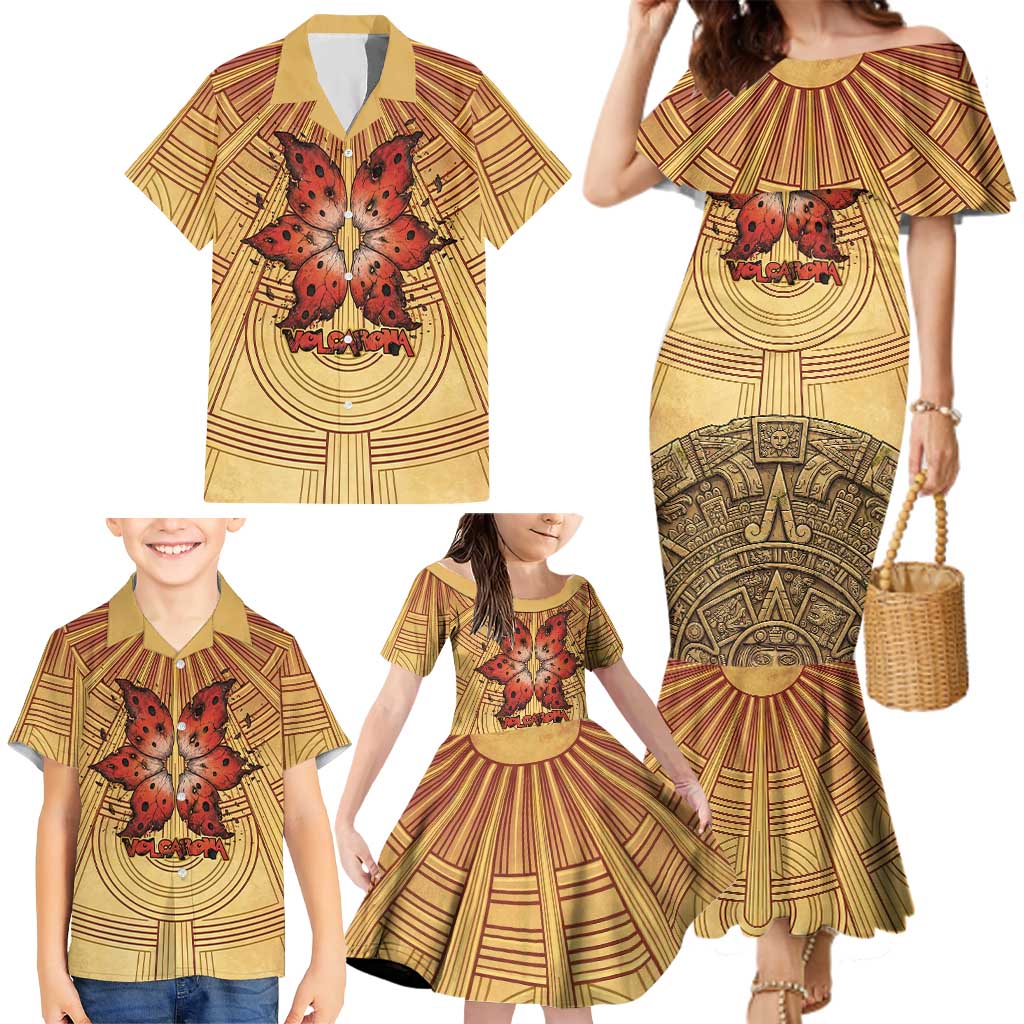 Volcarona Family Matching Mermaid Dress and Hawaiian Shirt Aztec Sun God Tapestry Art