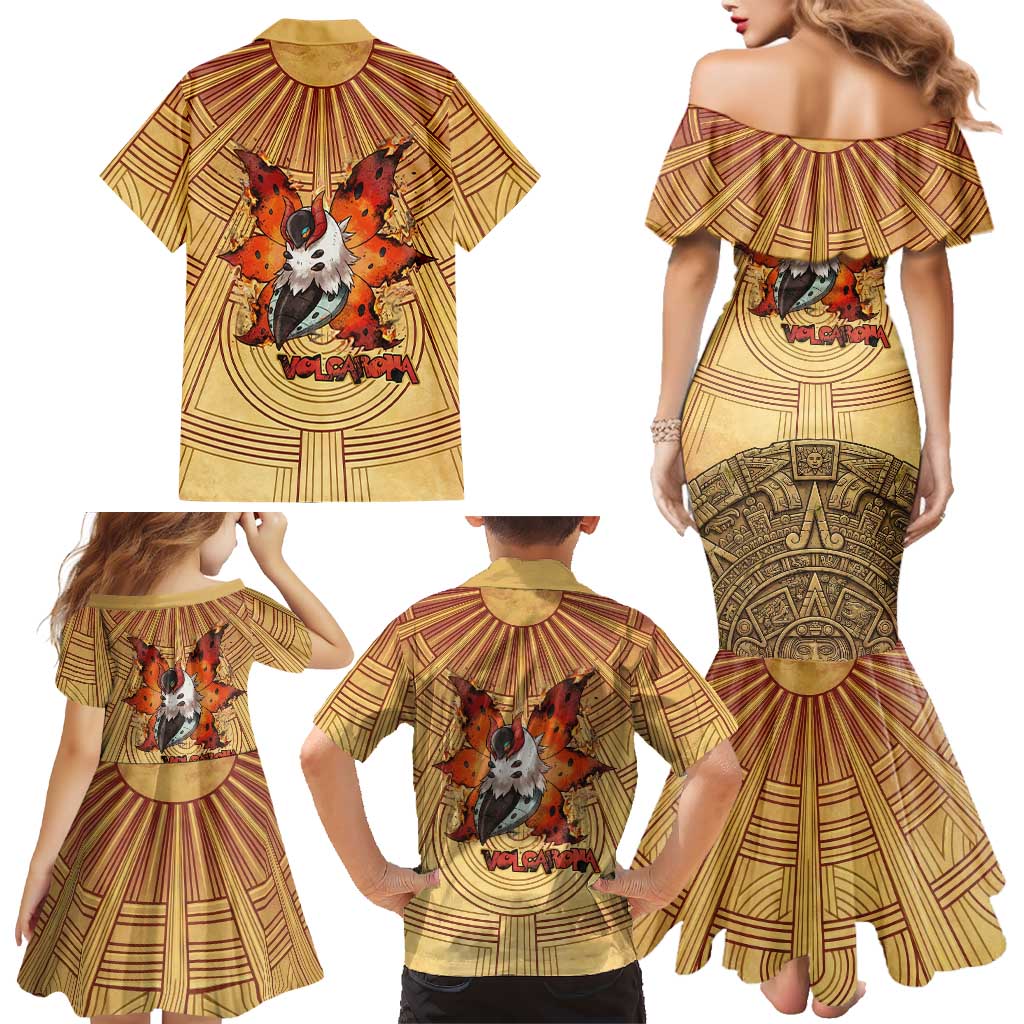 Volcarona Family Matching Mermaid Dress and Hawaiian Shirt Aztec Sun God Tapestry Art