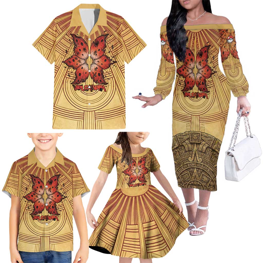 Volcarona Family Matching Off The Shoulder Long Sleeve Dress and Hawaiian Shirt Aztec Sun God Tapestry Art